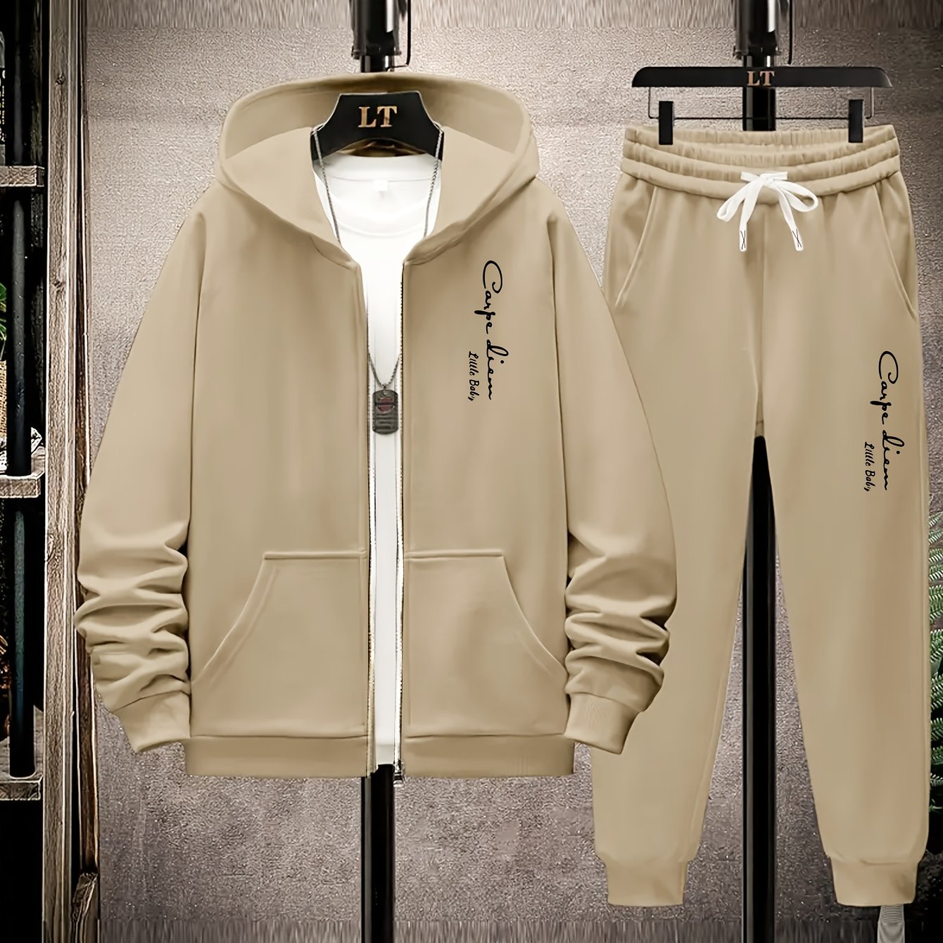 Caspe bosma kapüşonli sviter to'plami, inglizcha vertikal, metall fermuar bilan zamonaviy, tortishish ipli sport shimlari, oddiy kesim, kuz/qish uchun zarur.