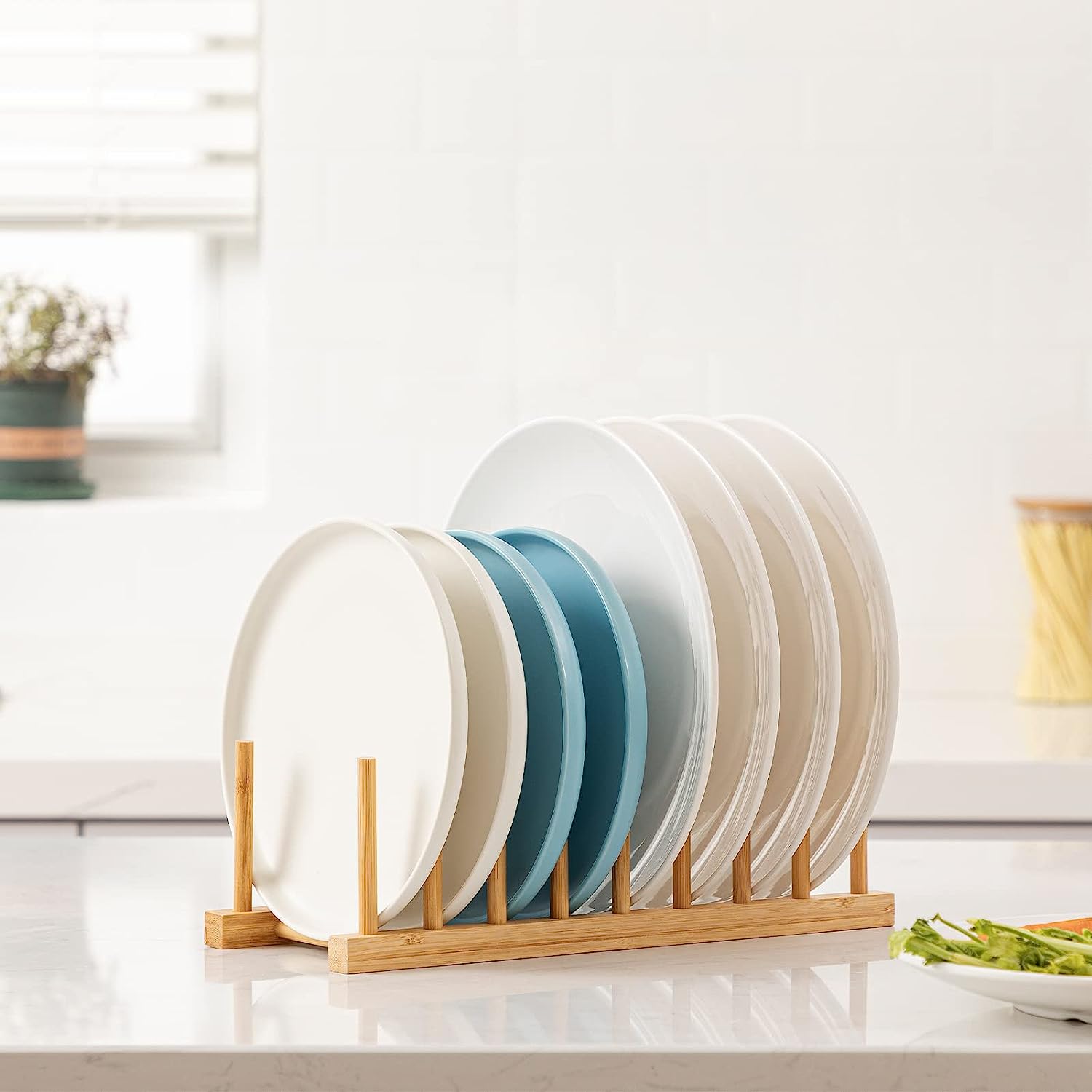 Bamboo Kitchen Rack Organizer for Dishes, Plates, Bowls, and Lids