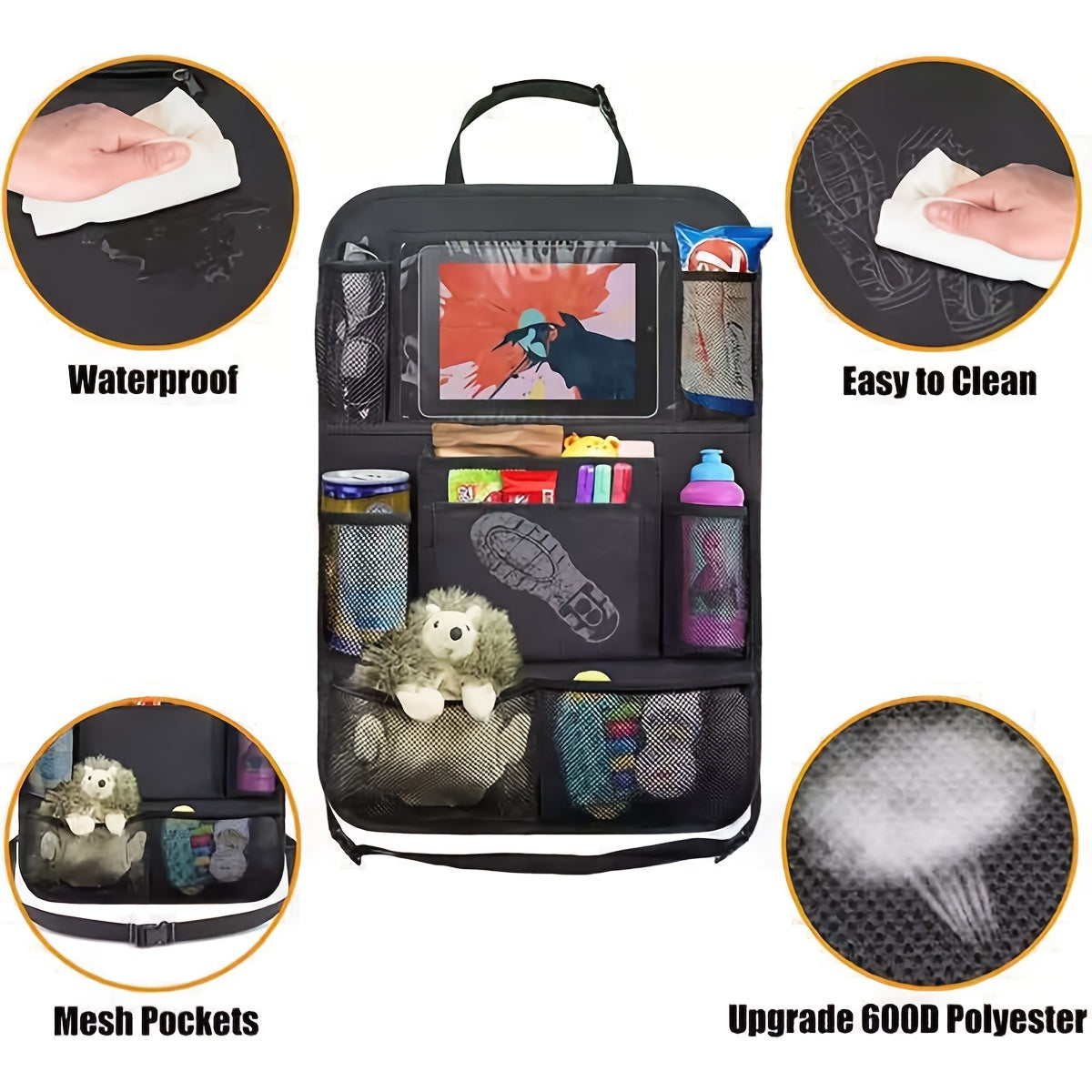 Qora avtomobil o'rindig'i orqa qismi saqlash sumkasi va planshet tutqich bilan bolalar sayohat tashkilotchisi