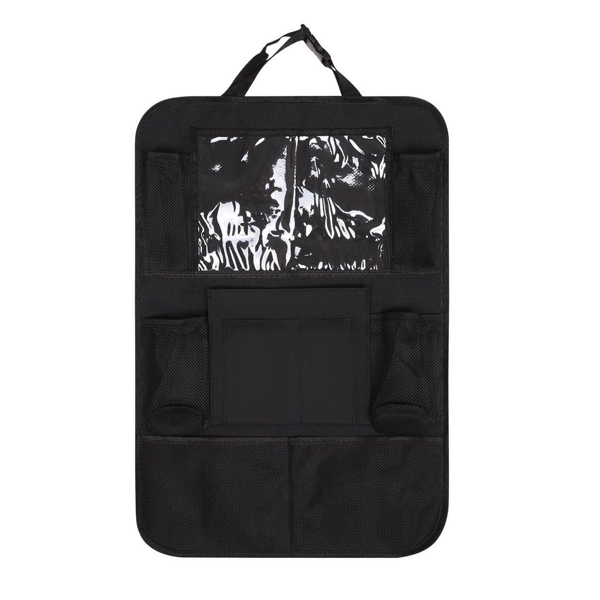 Qora avtomobil o'rindig'i orqa qismi saqlash sumkasi va planshet tutqich bilan bolalar sayohat tashkilotchisi