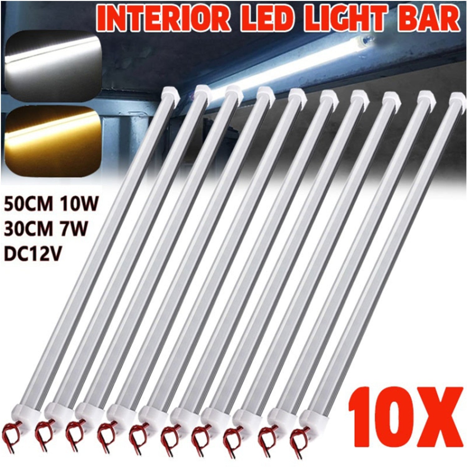 10pcs 12V LED Light Bars 30cm or 50cm with Switch for Vehicle and Trailer