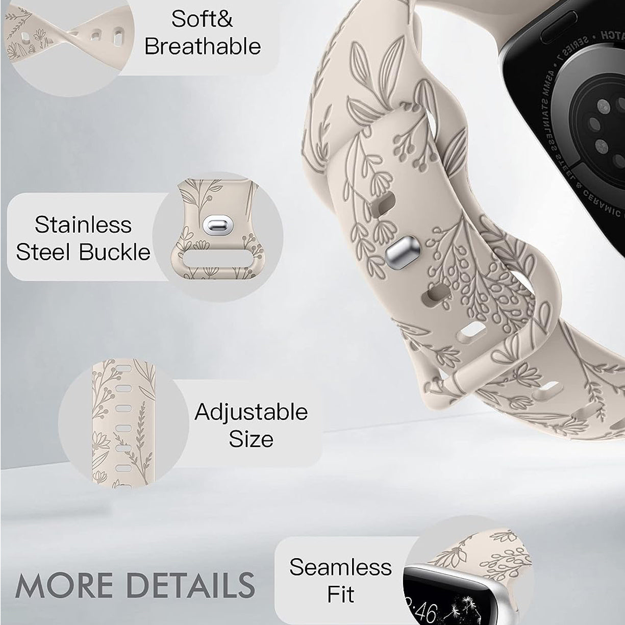 Elegant Floral Silicone Watch Band for Apple Watch Series SE/8/7/6/5/4/3/2/1 Adjustable Skin-Friendly Blue Clasp