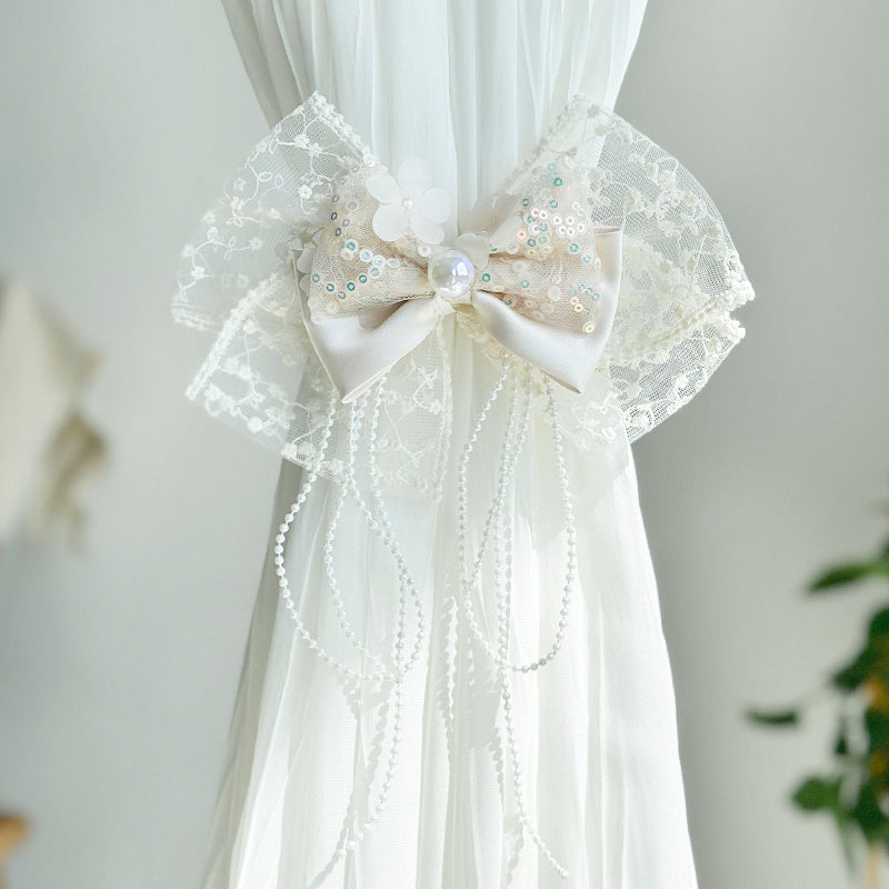 Pink Lace Bow Curtain Tieback French Romantic Style Polyester Punch-Free Clip
