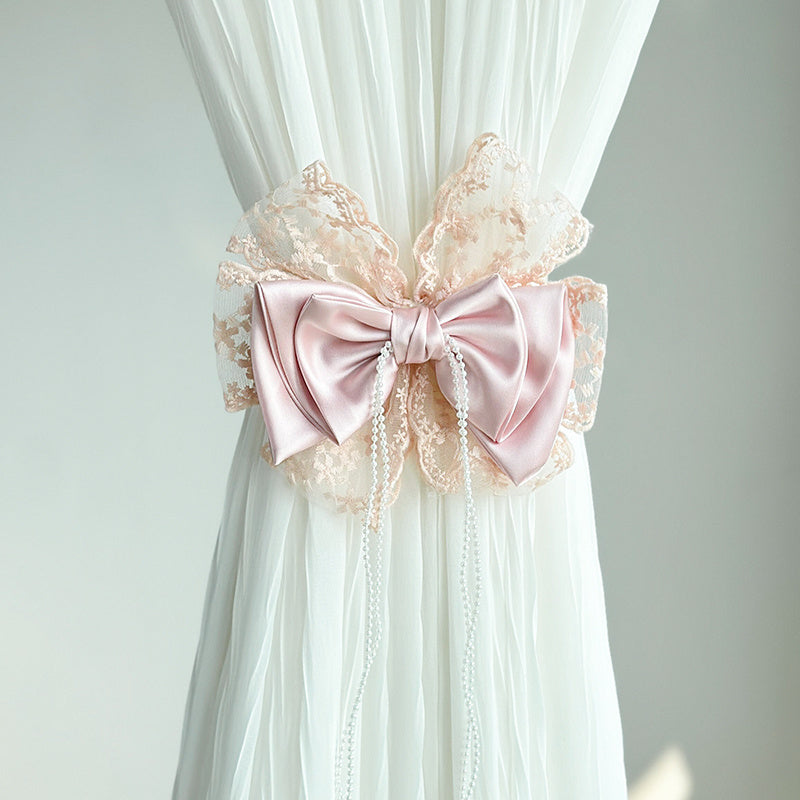 Pink Lace Bow Curtain Tieback French Romantic Style Polyester Punch-Free Clip