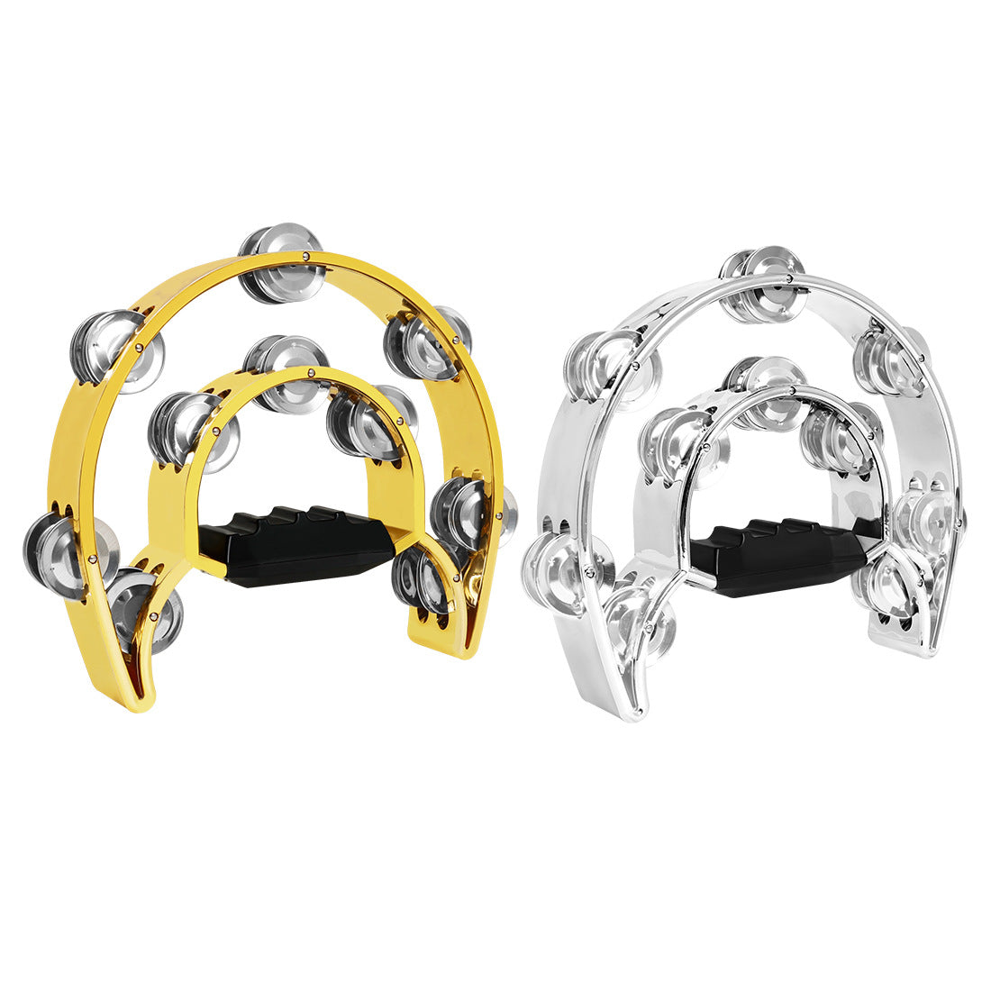 Pandereta de percusión de mano con campanas de metal electroplateado, construcción en ABS, dorado, plateado y gris para fiestas y conciertos