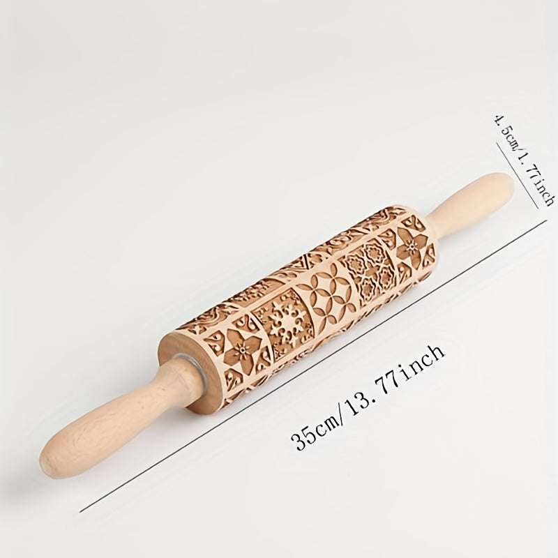 Wooden Embossing Rolling Pin for Baking, Floral and Geometric Patterns, 34.98cm