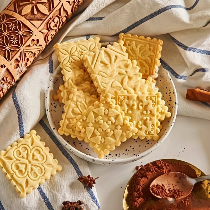 Wooden Embossing Rolling Pin for Baking, Floral and Geometric Patterns, 34.98cm