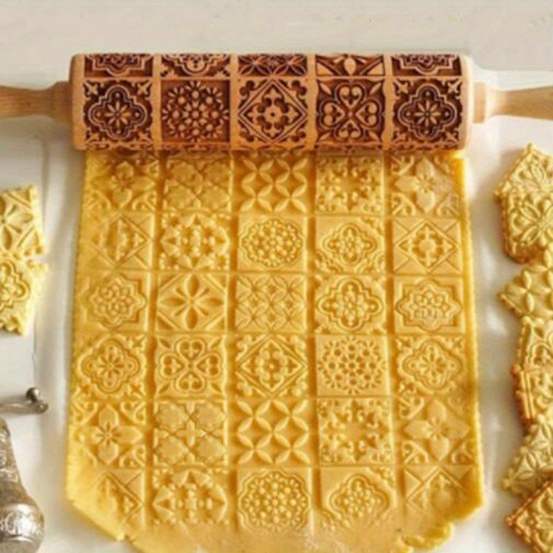 Wooden Embossing Rolling Pin for Baking, Floral and Geometric Patterns, 34.98cm