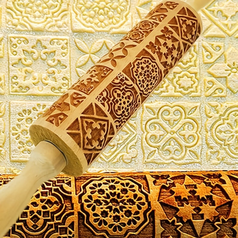Wooden Embossing Rolling Pin for Baking, Floral and Geometric Patterns, 34.98cm