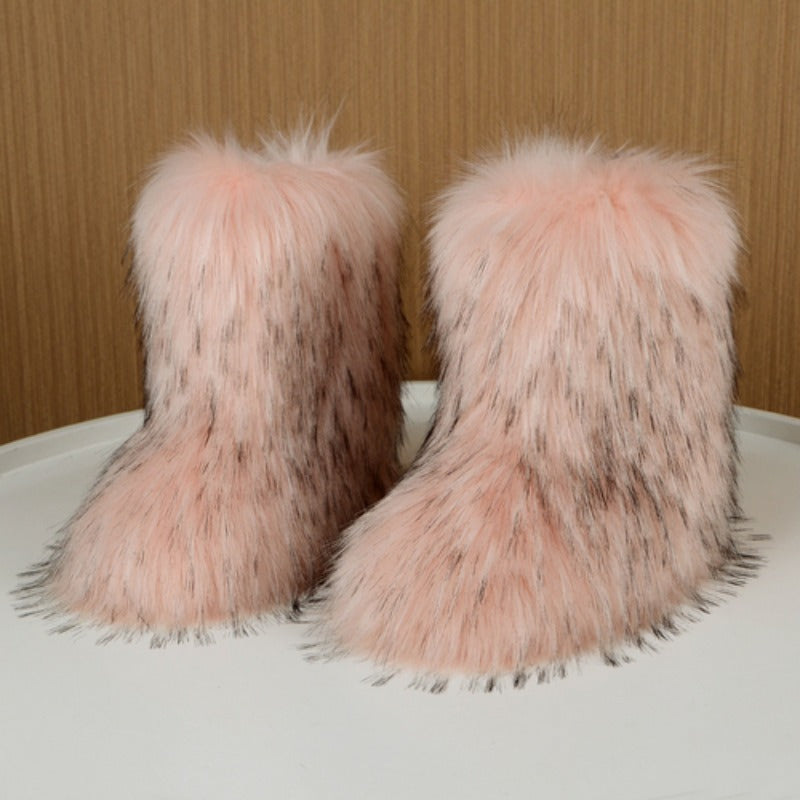Women's Faux Fur Mid-Calf Boots Furry High-Top Shibuya Y2K Style
