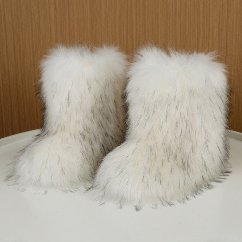 Women's Faux Fur Mid-Calf Boots Furry High-Top Shibuya Y2K Style