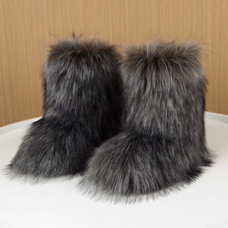 Women's Faux Fur Mid-Calf Boots Furry High-Top Shibuya Y2K Style