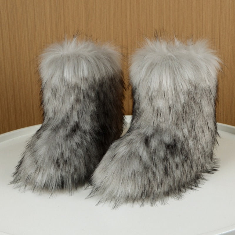 Women's Faux Fur Mid-Calf Boots Furry High-Top Shibuya Y2K Style