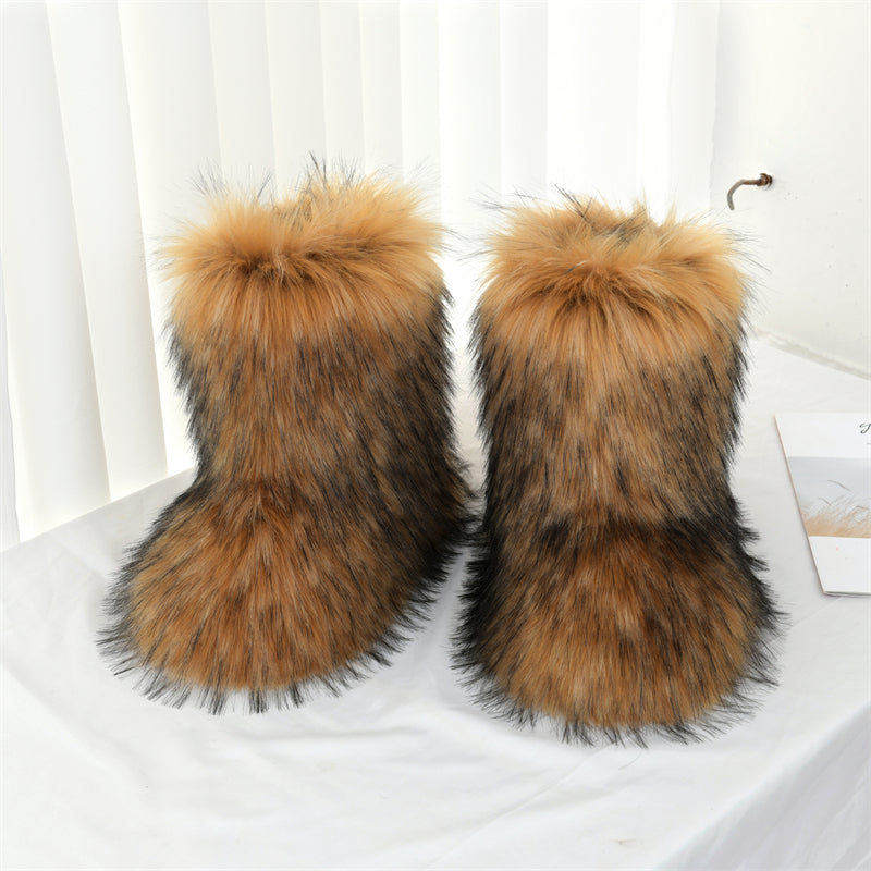 Women's Faux Fur Mid-Calf Boots Furry High-Top Shibuya Y2K Style