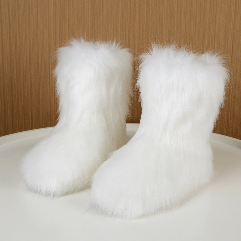 Women's Faux Fur Mid-Calf Boots Furry High-Top Shibuya Y2K Style