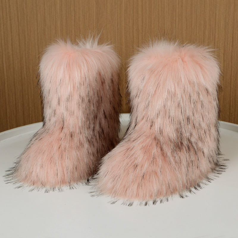 Women's Faux Fur Mid-Calf Boots Furry High-Top Shibuya Y2K Style