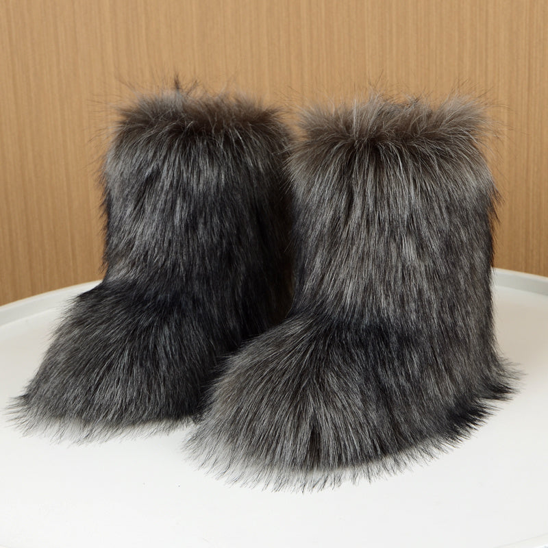Women's Faux Fur Mid-Calf Boots Furry High-Top Shibuya Y2K Style