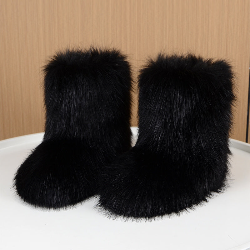 Women's Faux Fur Mid-Calf Boots Furry High-Top Shibuya Y2K Style