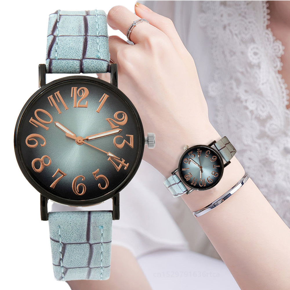 Women’s Quartz Watch with Vintage Gradient Dial and PU Leather Band