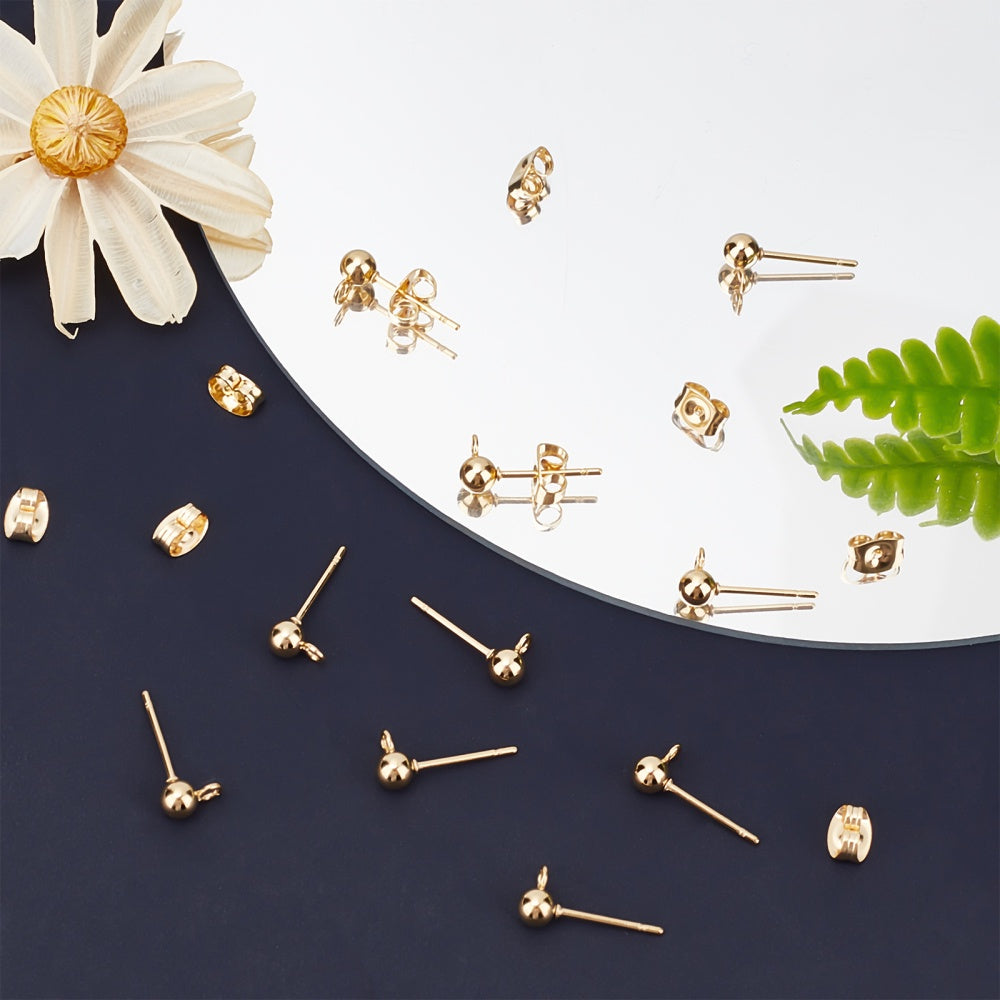 Pack of 50 24K Gold Plated Earring Findings for DIY Jewelry Making Ball Studs
