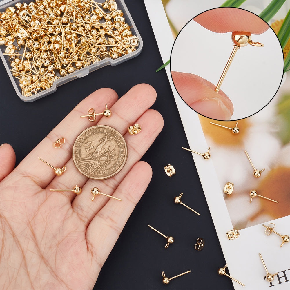 Pack of 50 24K Gold Plated Earring Findings for DIY Jewelry Making Ball Studs