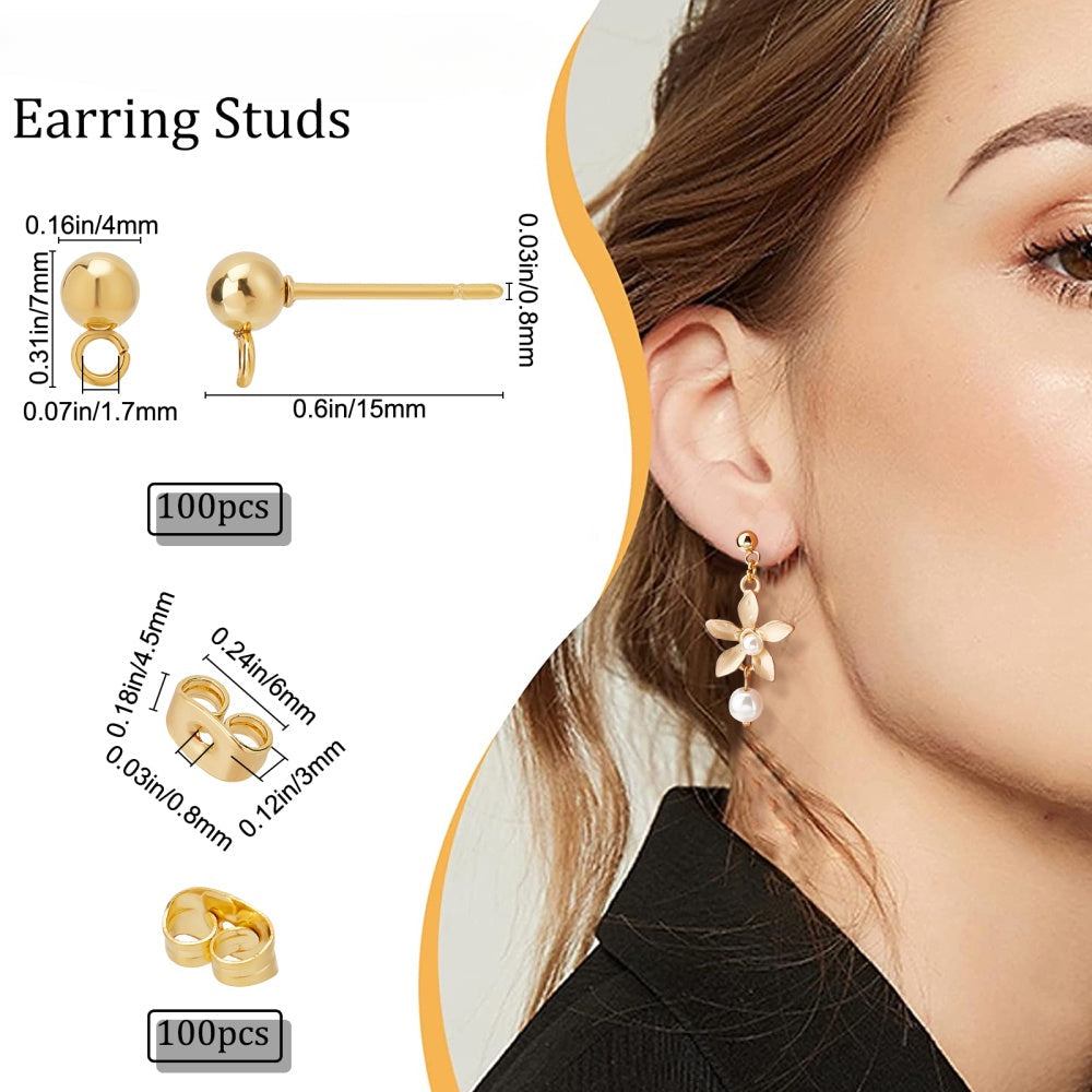 Pack of 50 24K Gold Plated Earring Findings for DIY Jewelry Making Ball Studs