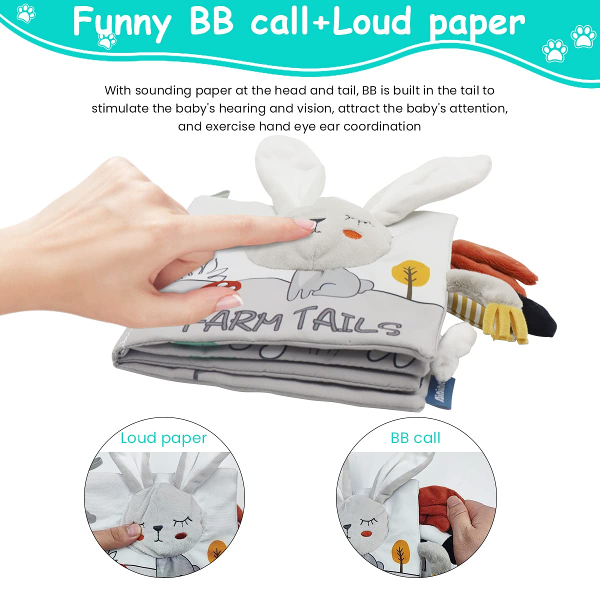 Children's Cloth Book for Early Learning Chew-Resistant Sound-Making Gray White