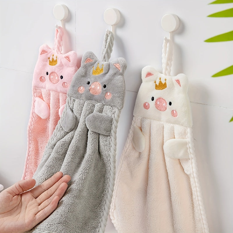 Cute Piggy Hand Towels Coral Velvet with Crown Design Hanging Suction Cups for Bathroom or Kitchen Decor