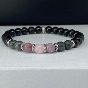 Black Gemstone Bracelet with Black Tourmaline, Labradorite, Lepidolite, and Rose Quartz