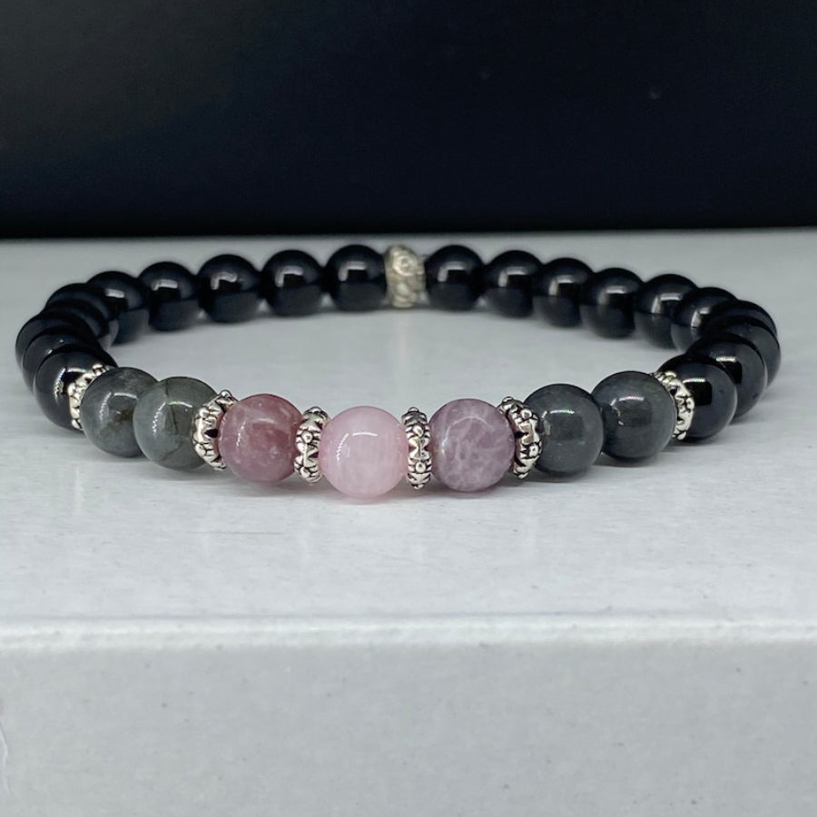 Black Gemstone Bracelet with Black Tourmaline, Labradorite, Lepidolite, and Rose Quartz