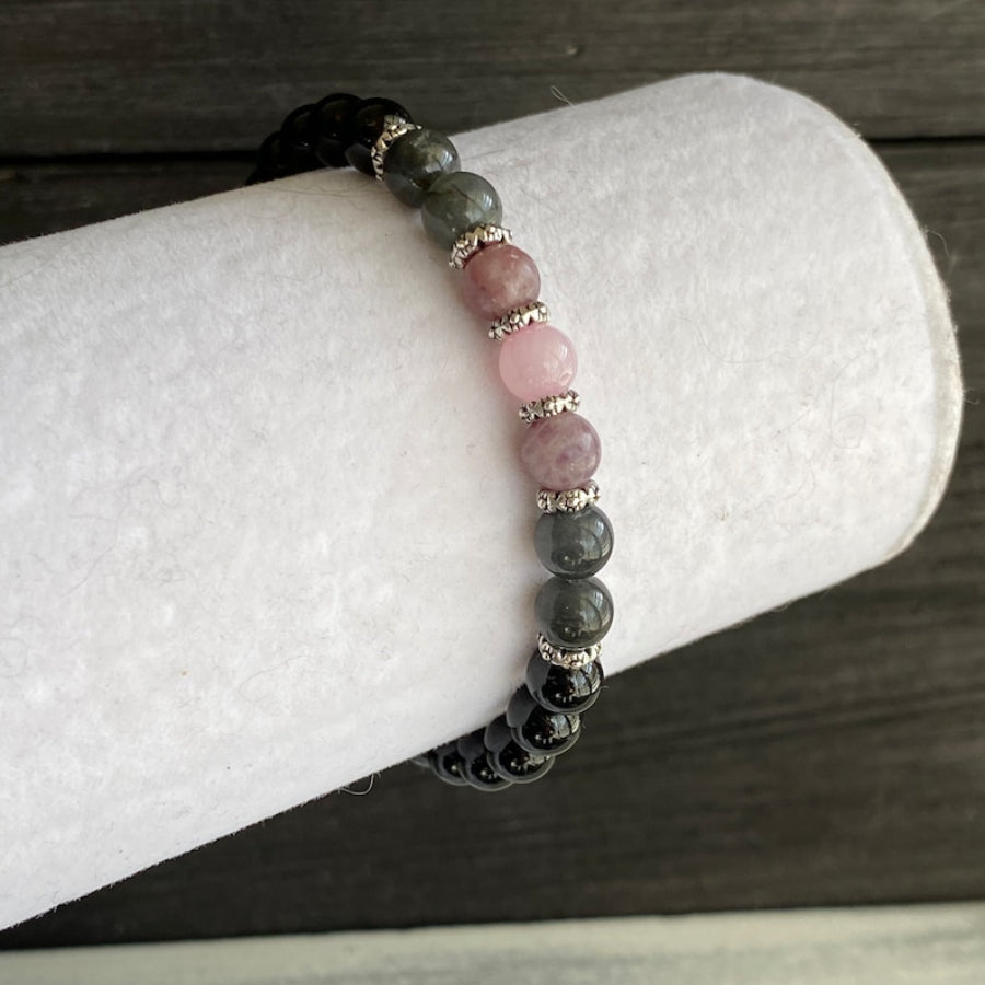 Black Gemstone Bracelet with Black Tourmaline, Labradorite, Lepidolite, and Rose Quartz