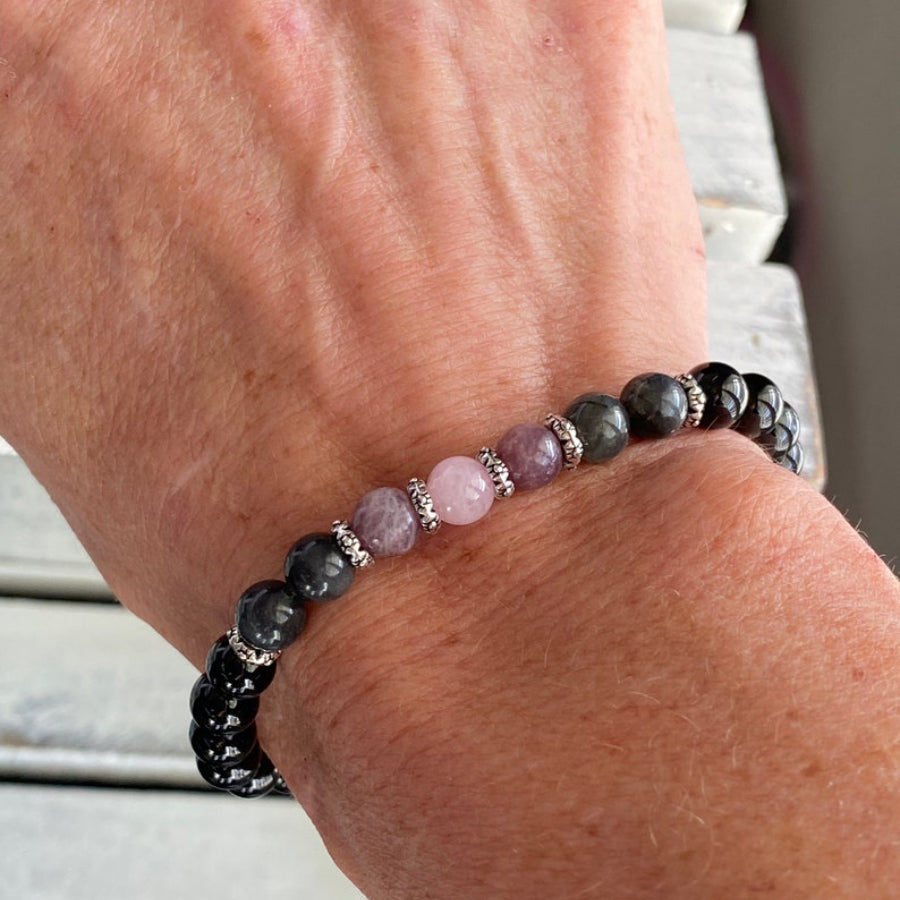 Black Gemstone Bracelet with Black Tourmaline, Labradorite, Lepidolite, and Rose Quartz