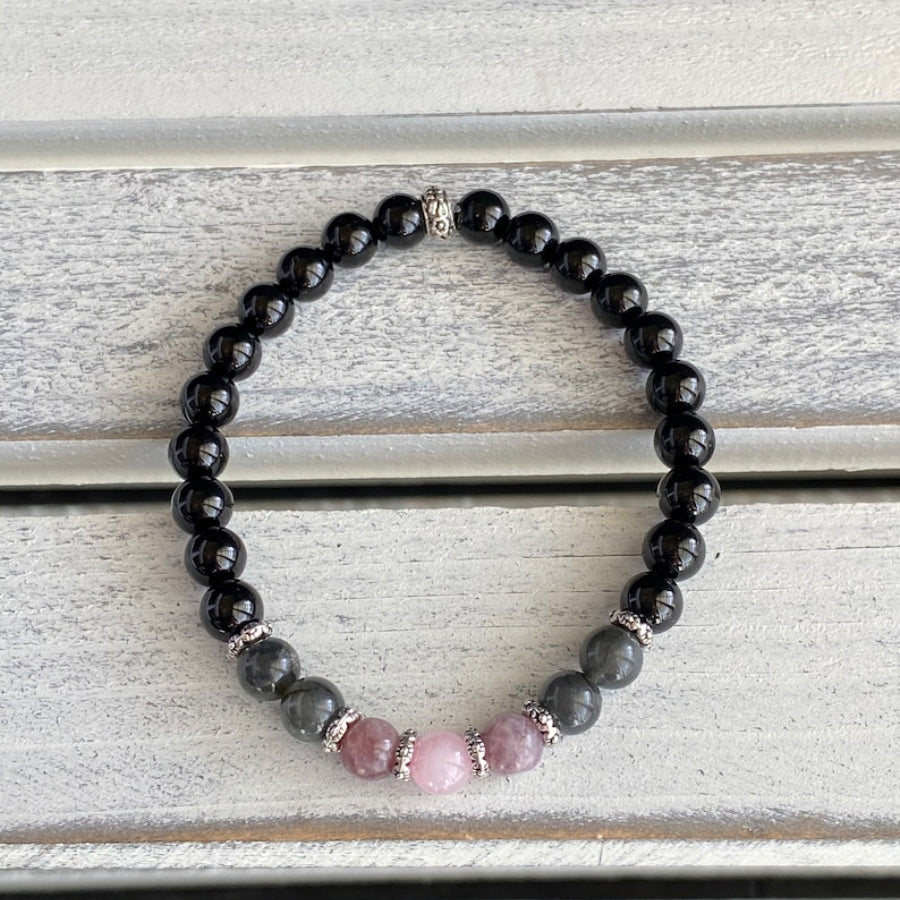 Black Gemstone Bracelet with Black Tourmaline, Labradorite, Lepidolite, and Rose Quartz