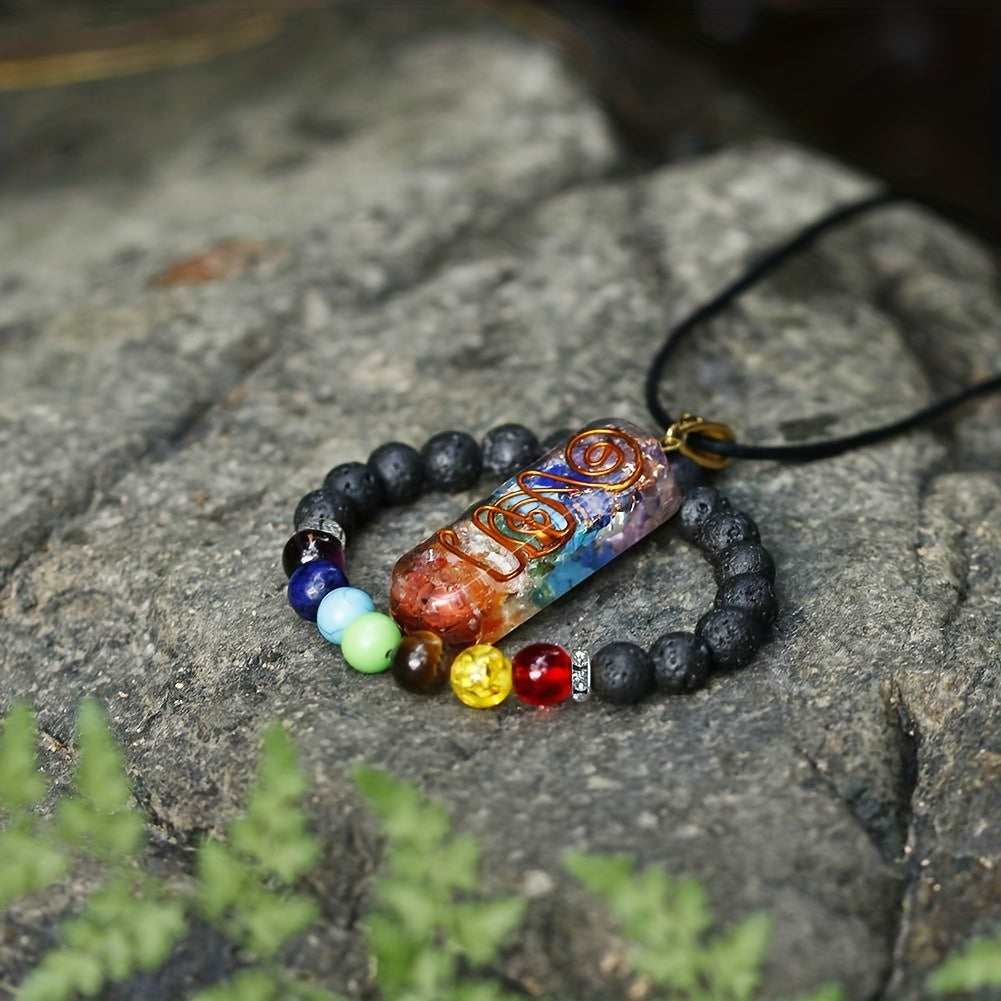 Men's Chakra Necklace and Volcanic Stone Bead Bracelet Set with Colorful Pendants