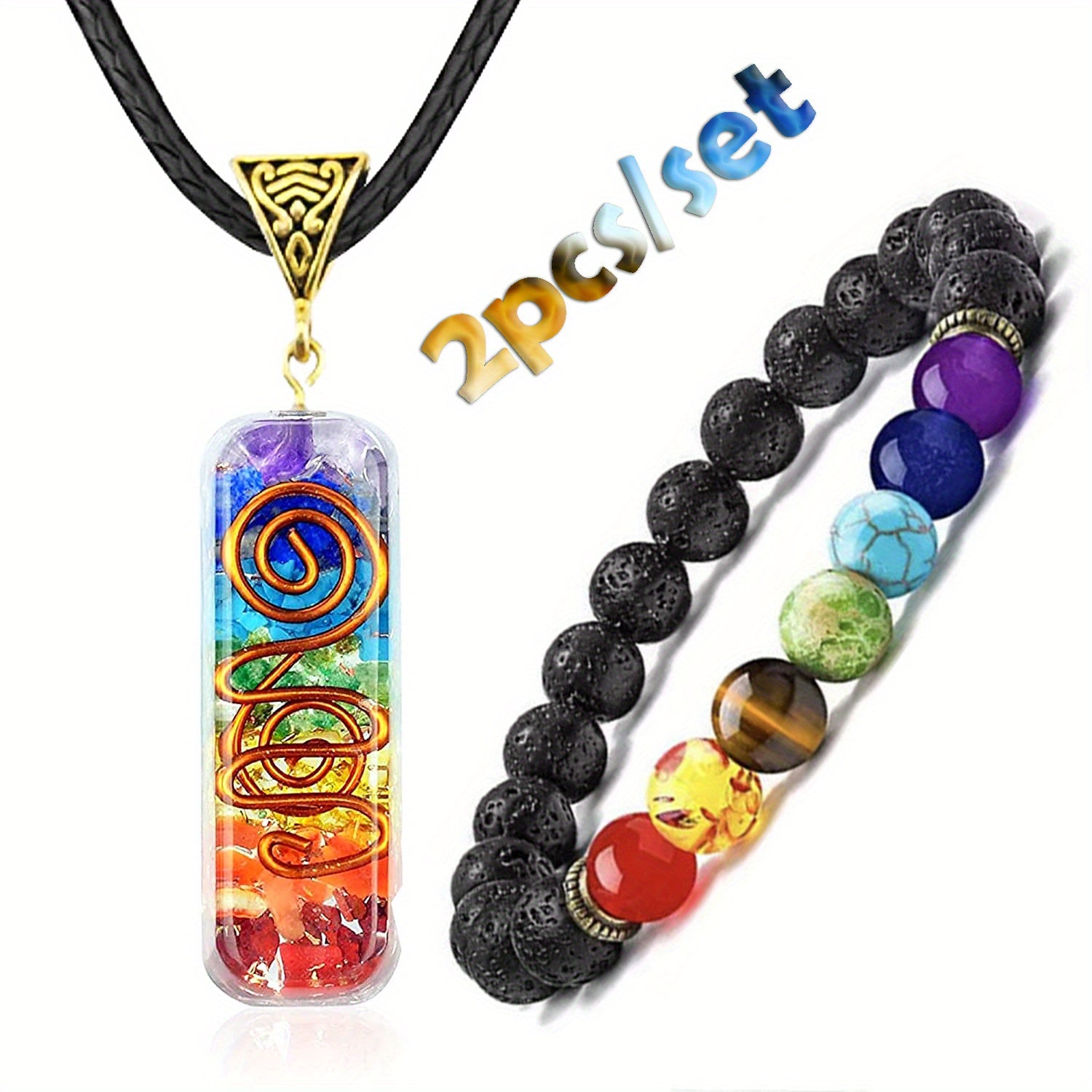 Men's Chakra Necklace and Volcanic Stone Bead Bracelet Set with Colorful Pendants