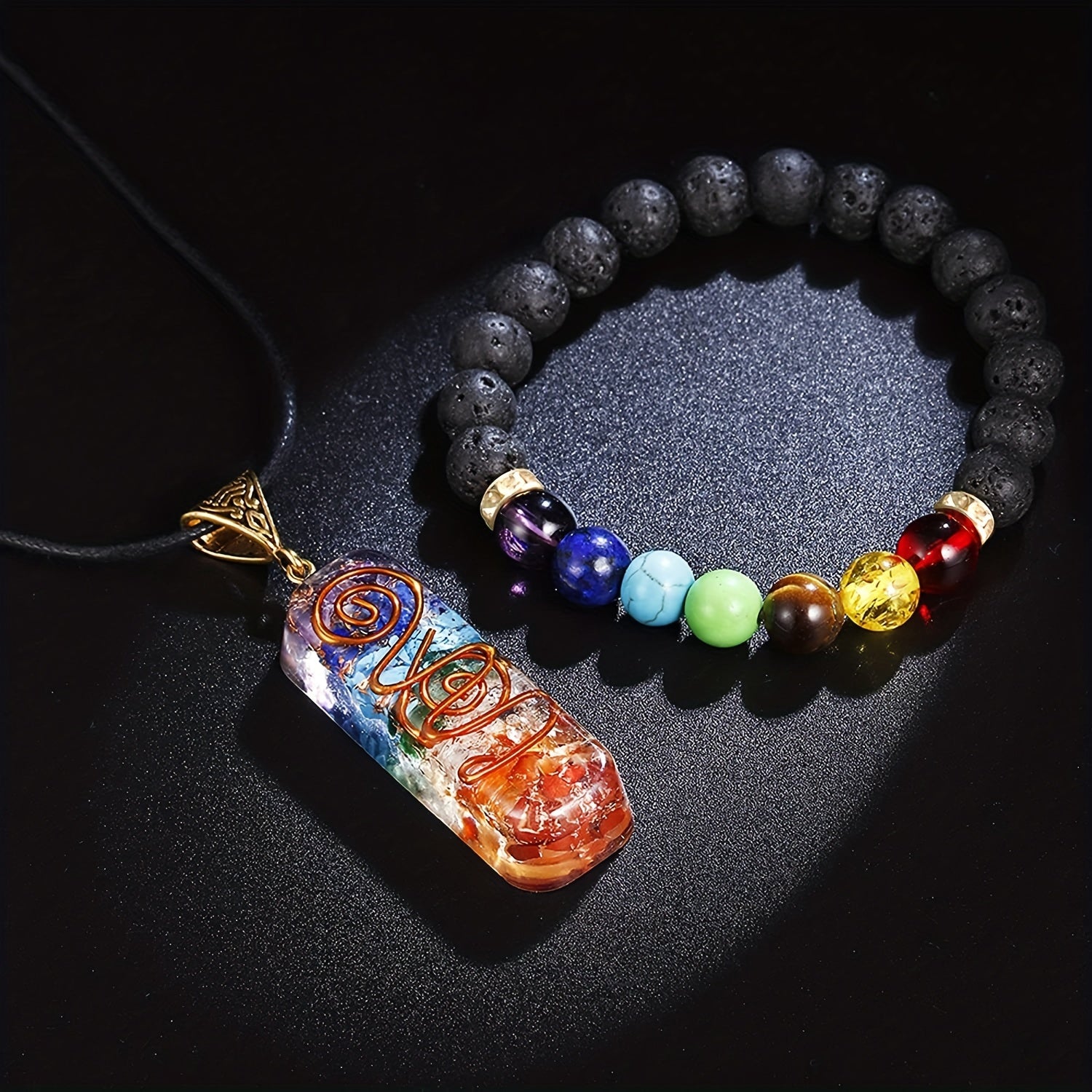 Men's Chakra Necklace and Volcanic Stone Bead Bracelet Set with Colorful Pendants