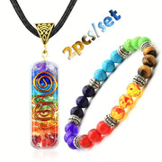 Men's Chakra Necklace and Volcanic Stone Bead Bracelet Set with Colorful Pendants