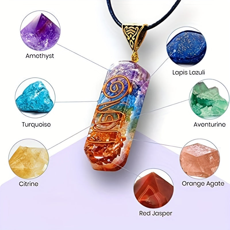 Men's Chakra Necklace and Volcanic Stone Bead Bracelet Set with Colorful Pendants