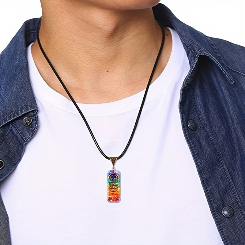 Men's Chakra Necklace and Volcanic Stone Bead Bracelet Set with Colorful Pendants