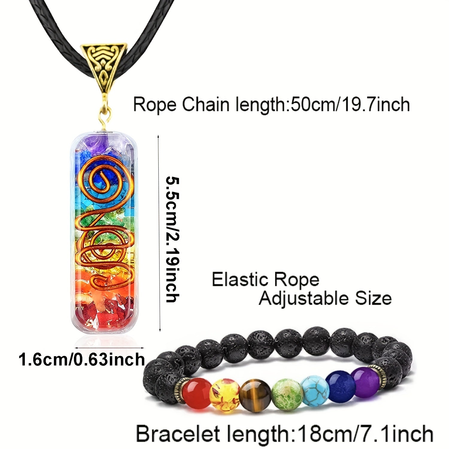 Men's Chakra Necklace and Volcanic Stone Bead Bracelet Set with Colorful Pendants