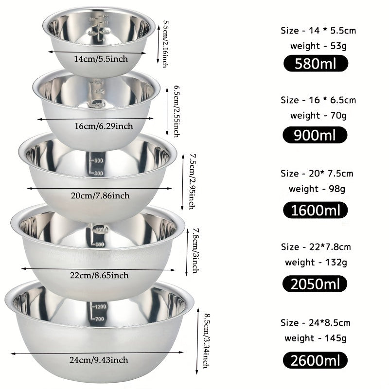 Set of 5 Stainless Steel Mixing Bowls with Non-Slip Bottoms for Cooking and Baking