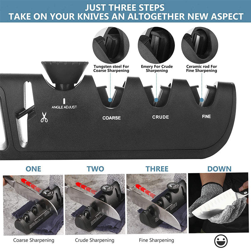 4 darajali sozlanadigan tizim bilan professional oshxona pichog'i silliqlash mashinasi, pichoqlar va qaychi uchun