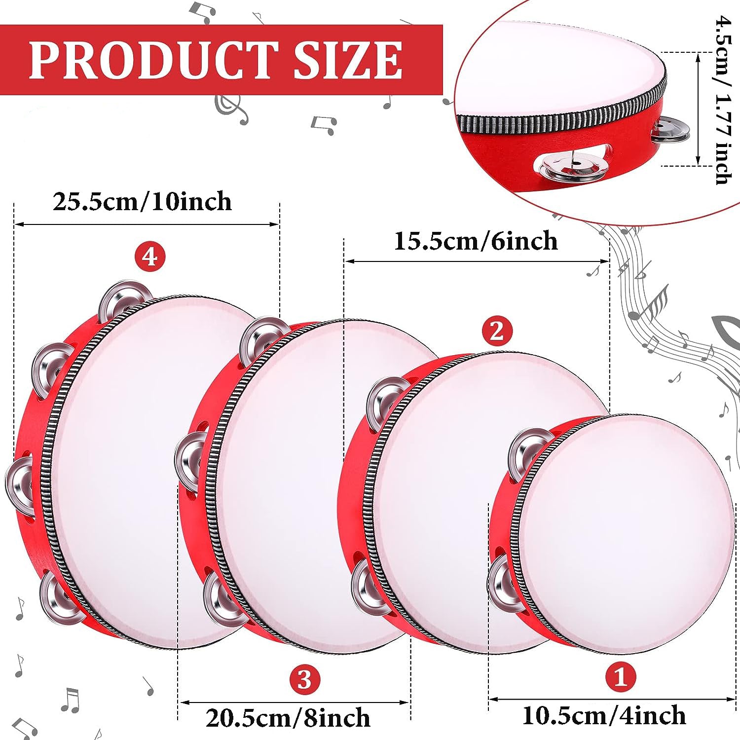 Red Wooden Handheld Tambourine with Metal Jingles for Adults 4 Sizes Rhythm Percussion Musical Instrument
