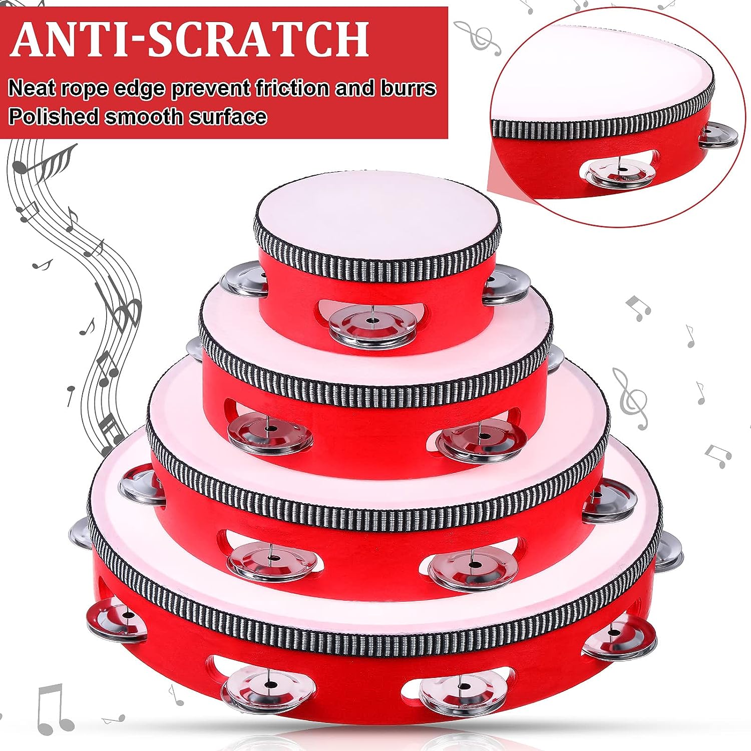 Red Wooden Handheld Tambourine with Metal Jingles for Adults 4 Sizes Rhythm Percussion Musical Instrument