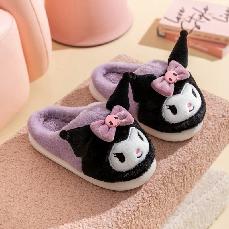 Women's Fall Winter Cartoon Slippers with Cinnamoroll Hello Kitty Kuromi Fabric PVC Sole