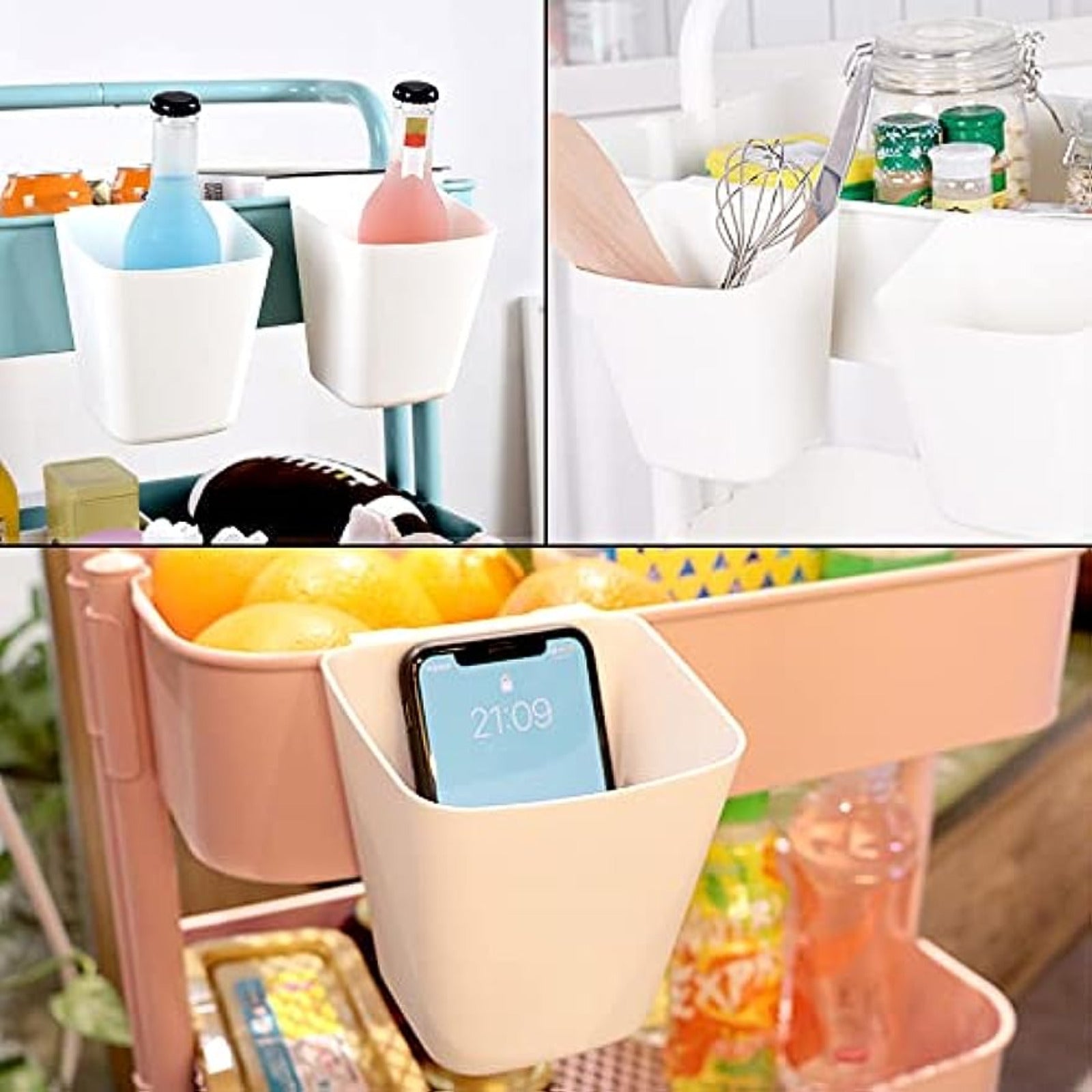 Hanging Cup Holder Storage Basket and Rolling Cart Accessories Set 5 Pieces