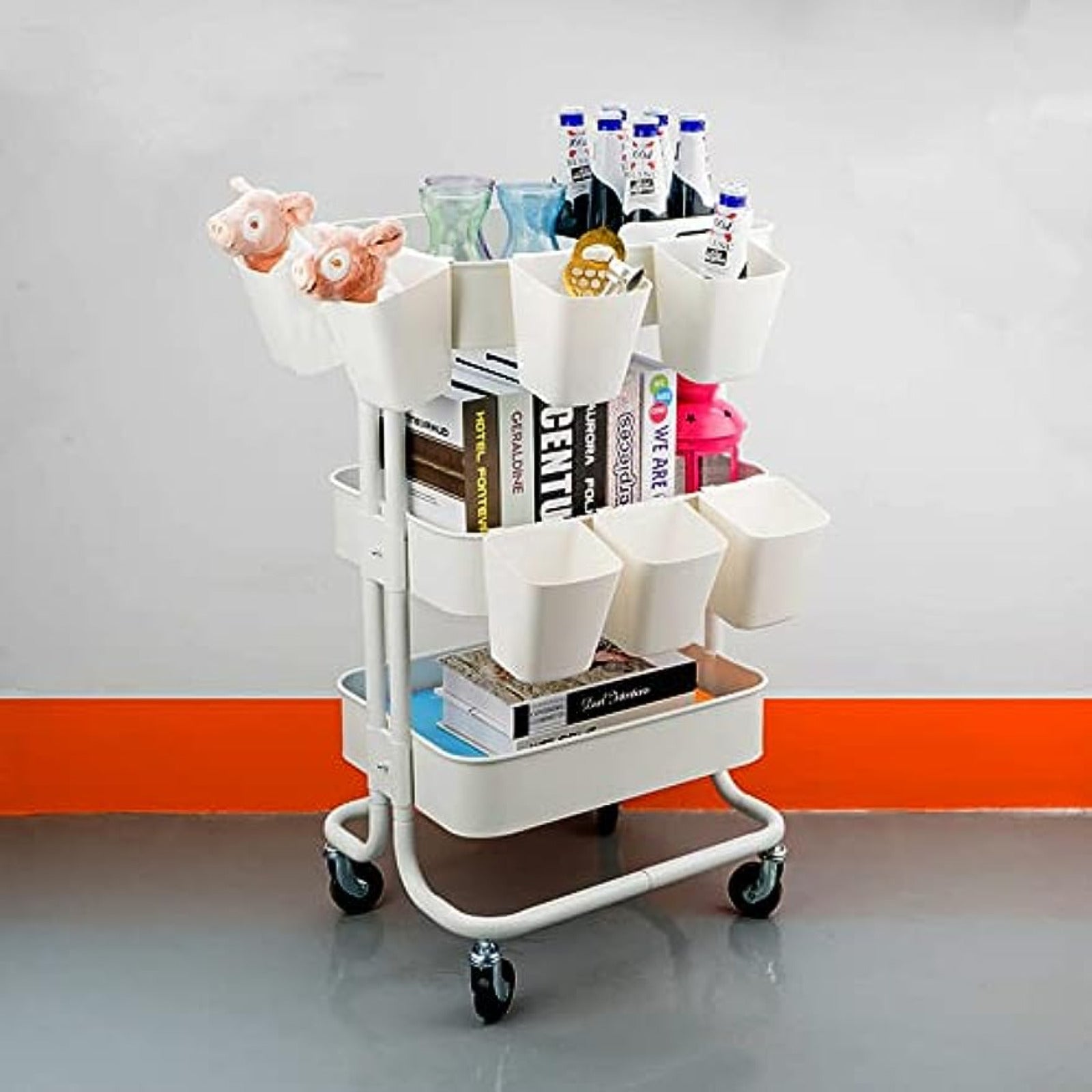 Hanging Cup Holder Storage Basket and Rolling Cart Accessories Set 5 Pieces