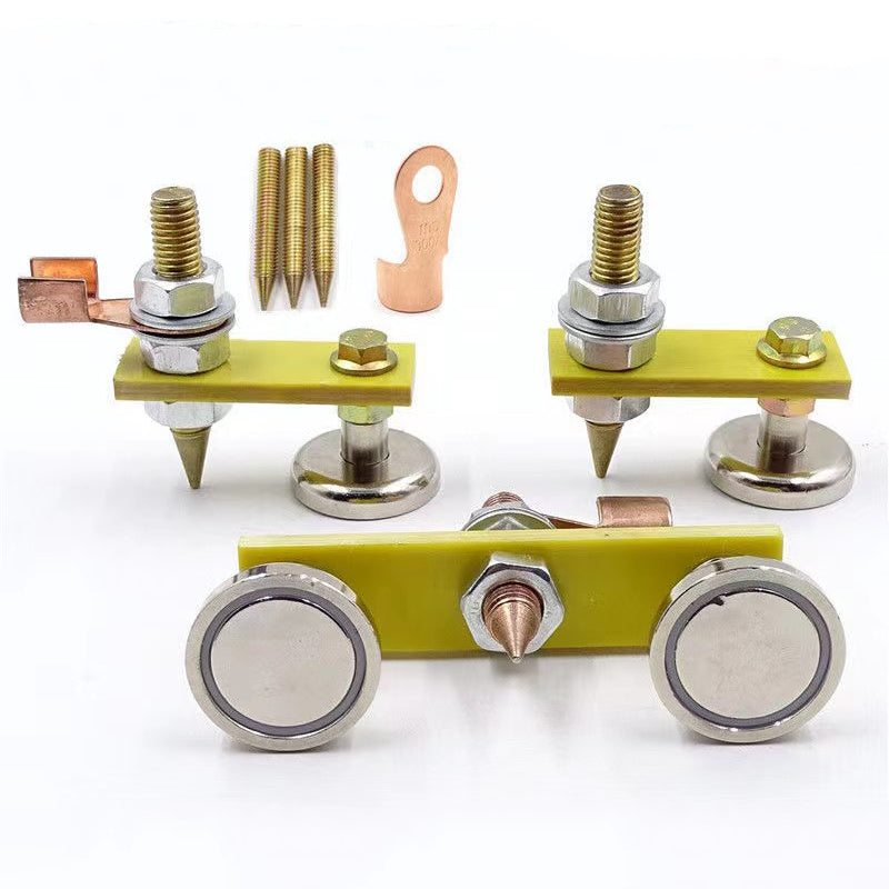 Heavy-Duty Magnetic Welding Ground Clamp Dual Head Copper Tail 3kg Pull Capacity Green Insulation
