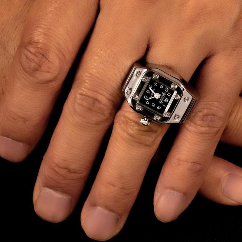 Men's Quartz Watch Ring Watch with Rectangular Dial Artificial Jewelry Gift