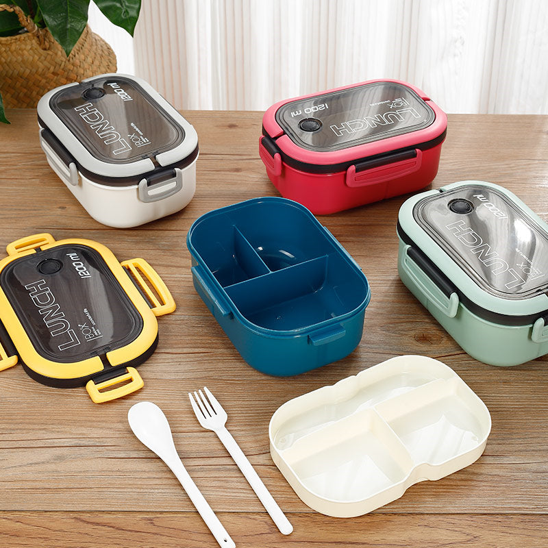 Two-Layer Bento Lunch Box with Fork and Spoon 1200ml Microwave Safe Plastic for Students and Office